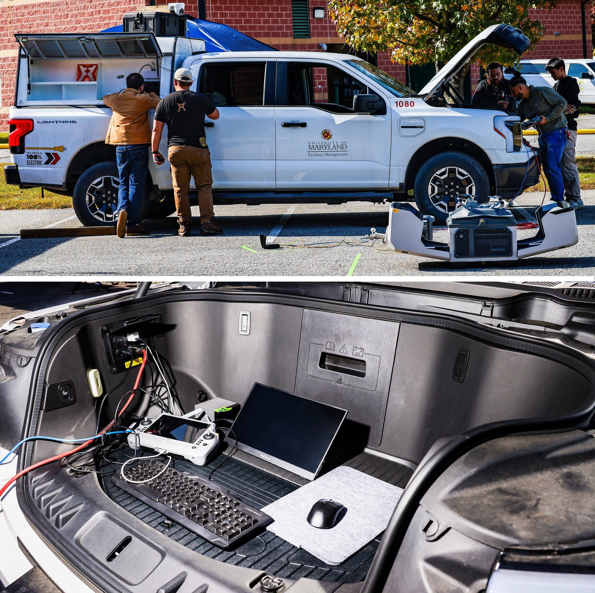 People surround a white pickup truck that has itu2019s front hood open in the top image. In the bottom image a computer, keyboard, drone controller, and other equipment sit in the open front trunk of a pickup truck.