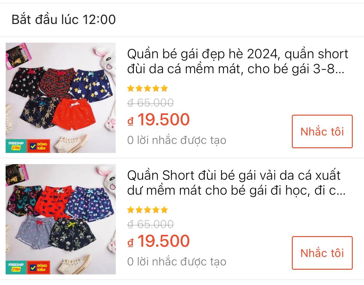[🆕🇻🇳] Min Kids – Quần Áo Trẻ Em Xuất Dư 😎❤️️⭐️  Flash Sale #19k
 Quần short đùi bé bé gái sale chớp nhoáng 65k-> #19k mẹ ơi!!
 Duy nhất khung giờ 12:00-15:00 hôm nay!!!
 -> link shopee: 
 + Link 1 , shares-0✔️ , likes-0❤️️ , date-2024-04-10 17:11:00🇻🇳🇻🇳🇻🇳📰🆕