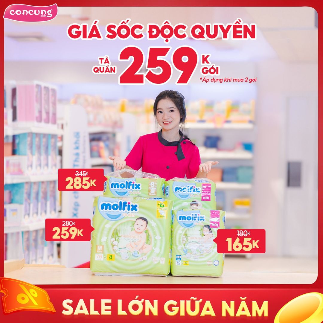 [🆕🇻🇳]  Con Cưng – Mang đến những sản phẩm tốt nhất cho trẻ em Việt Nam 😎❤️️⭐️ #MOLFIX SALE Ở ĐÂY NÀY: GIÁ ĐỘC QUYỀN TẠI CON CƯNG  – TÃ QUẦN 259K/GÓI 
Sale lớn giữa năm, deal đậm ngập tràn – Mua 1 gói cũng giảm!! Duy nhất tháng 6 Ba M , shares-0✔️ , likes-29K❤️️ , date-2024-05-26 23:00:07🇻🇳🇻🇳🇻🇳📰🆕