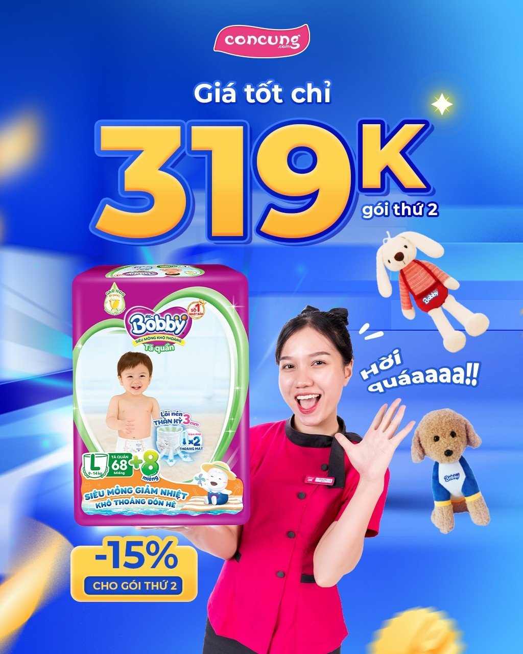 [🆕🇻🇳]  Con Cưng – Mang đến những sản phẩm tốt nhất cho trẻ em Việt Nam 😎❤️️⭐️  BOBBY GIÁ SỐC CHỈ #319K + THÊM QUÀ HOT, HỜI QÚAAAAAAAA
 Giảm ngay 15% gói tã quần Bobby M76/L68/XL62/XXL56 thứ 2 – chỉ 319K/gói, đồng thời tặng thêm Thú b , shares-6✔️ , likes-25K❤️️ , date-2023-06-19 00:00:05🇻🇳🇻🇳🇻🇳📰🆕