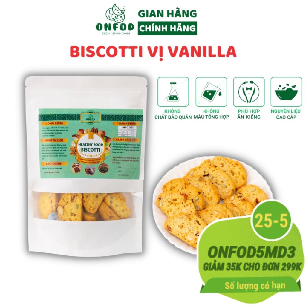 Bánh ăn kiêng biscotti ONFOD vị vani dành cho người tiểu đường, giảm cân, eat clean 250g 500g