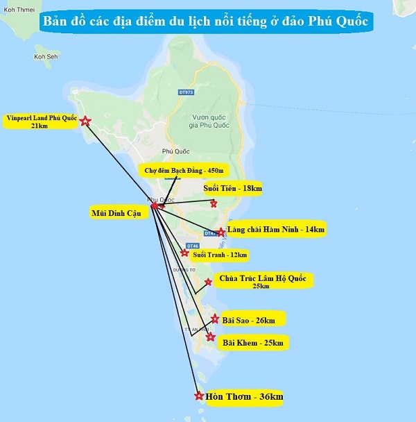 Cẩm nang du lịch Phú Quốc. Bản đồ các địa điểm tham quan ở Phú Quốc