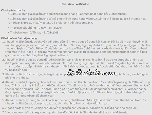 Các điều kiện, quy định áp dụng cho các khuyến mại Agoda cho các chủ thẻ