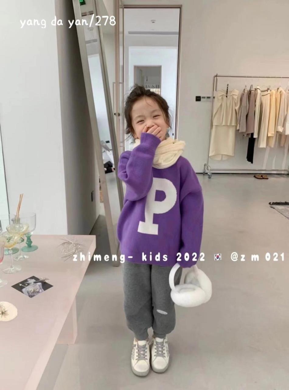 Áo len cổ tròn tím cho bé gái size 3-8 tuổi-mã AG451