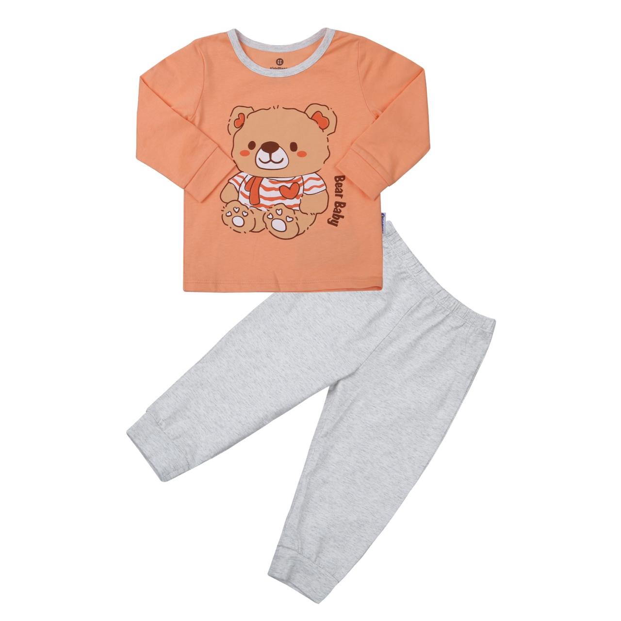 Bộ quần áo dài tay bé gái KidsPlaza in gấu M23T (Cam xám)