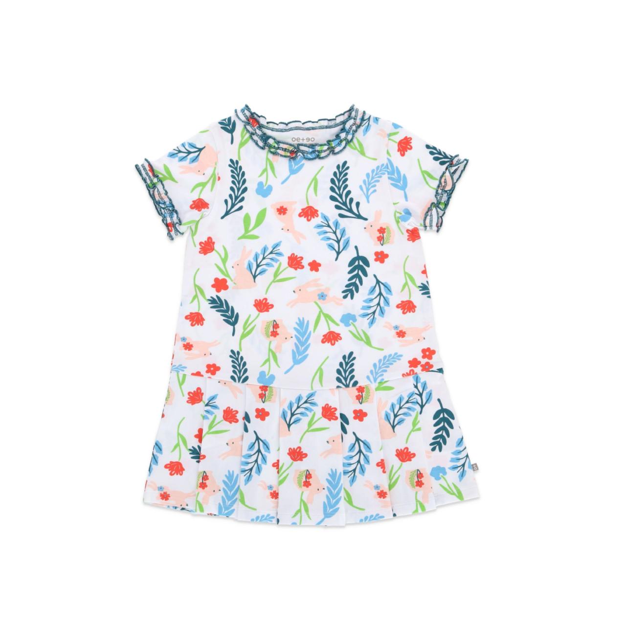 Đầm suông cổ bèo bé gái họa tiết cây tầm gửi thỏ ngọc và trái anh đào