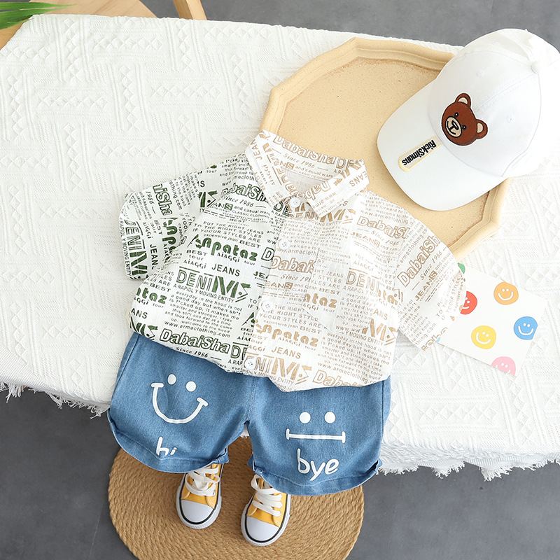 ST538 - Set Quần Jean Áo Sơ Mi Cho Bé Hoạ Tiết Cộc Tay - Màu nâu