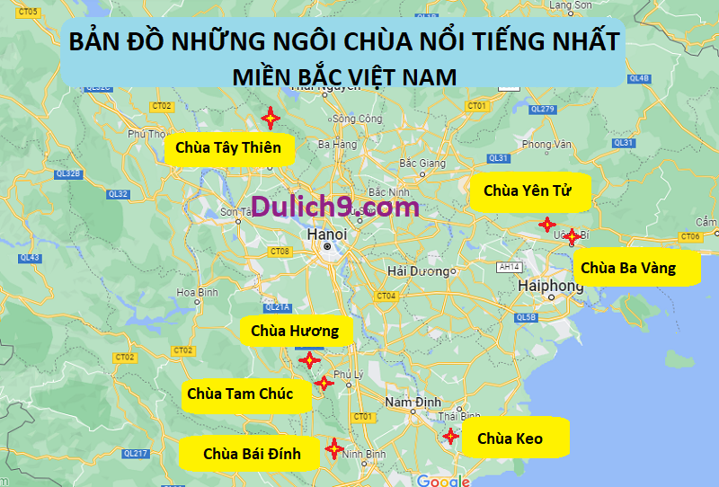 Bản đồ du lịch miền Bắc Việt Nam về các ngôi chùa nổi tiếng