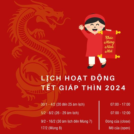 [☕️🇻🇳] La Gare Coffee 🥤 Top1Coffee ☕️ Lịch Nghỉ Tết Giáp Thìn 2024 

La Gare Coffee xin thông báo đến quý khách hàng lịch nghĩ Tết Nguyên Đán Giáp Thìn như sau:

30/0 , shares-0✔️ , likes-2❤️️ , date-2024-01-30 07:00:19🇻🇳🇻🇳🇻🇳📰🆕