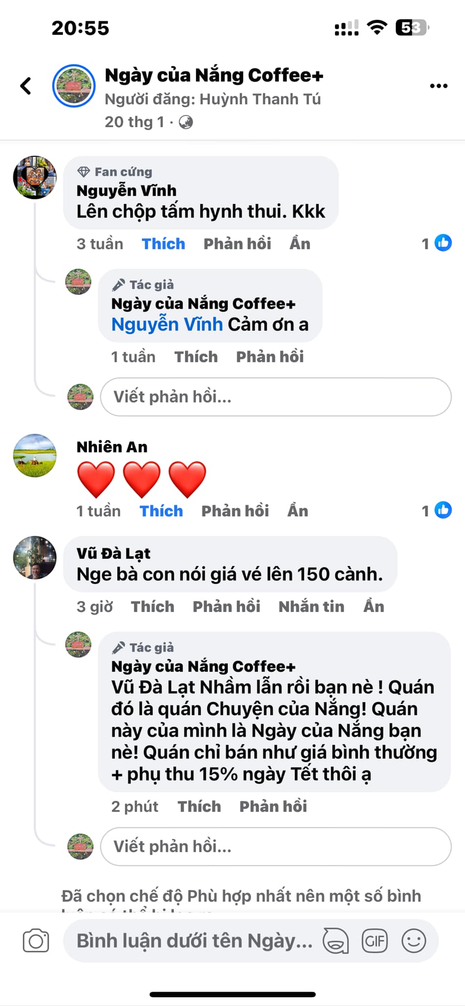 [☕️🇻🇳] Ngày của Nắng Coffee+ 🥤 Top1Coffee ☕️  Quán NẮNG đính chính ạ!  Hiện tại giá Nước của NẮNG chỉ bán bằng giá NHƯ NGÀY THƯỜNG + Phụ thu 15% ngày TẾT thôi ạ!  Hiu hiu, n , shares-0✔️ , likes-36❤️️ , date-2024-02-15 13:58:41🇻🇳🇻🇳🇻🇳📰🆕