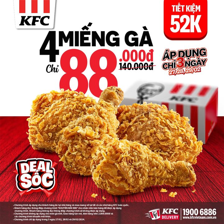 [🍗🇻🇳] KFC Vietnam 🍔Top1Food 🍗 – NO PHỦ PHÊ ƯU ĐÃI CỰC MÊ CHỈ TRONG 2 NGÀY 28/2 & 29/2 – 4 MIẾNG GÀ CHỈ 88K!!!
…
