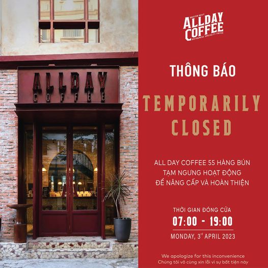 [☕️🇻🇳] All Day Coffee 🥤 Top1Coffee ☕️ [THÔNG BÁO]Ngày mai (3/4/2023) All Day Coffee 55 Hàng Bún xin phép tạm ngưng hoạt động từ 7h – 19h để nâng cấp và hoàn thiện.  , shares-0✔️ , likes-15❤️️ , date-2023-04-02 10:19:18🇻🇳🇻🇳🇻🇳📰🆕