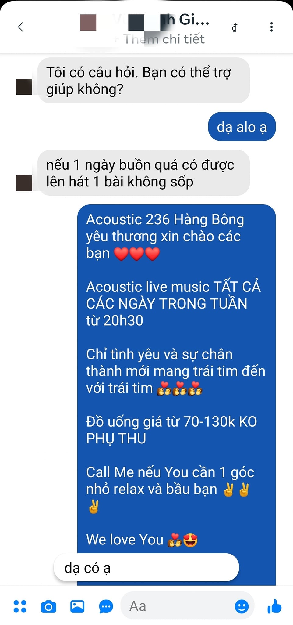 [☕️🇻🇳] Acoustic Cafe 236 Hàng Bông 🥤 Top1Coffee ☕️ Trả lời thế nào bây giờ..  Đọc xong mà buồn lây.. Thôi thì sốp sẽ để bạn hát hẳn 2 bài cho vui gấp đôi nhé..  #acoustic #acousti , shares-0✔️ , likes-41❤️️ , date-2023-04-27 07:06:56🇻🇳🇻🇳🇻🇳📰🆕