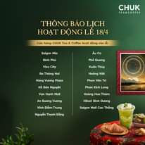 [☕️🇻🇳] Chuk Tea – Coffee 🥤 Top1Coffee ☕️ Chuk gửi một cái thông báo nhỏ về lịch hoạt động của các cửa hàng nhân dịp Lễ nha. Mấy ní coi kĩ để ghé qua chơi với Chuk nhé!
— , shares-3✔️ , likes-16❤️️ , date-2024-04-17 03:01:30🇻🇳🇻🇳🇻🇳📰🆕