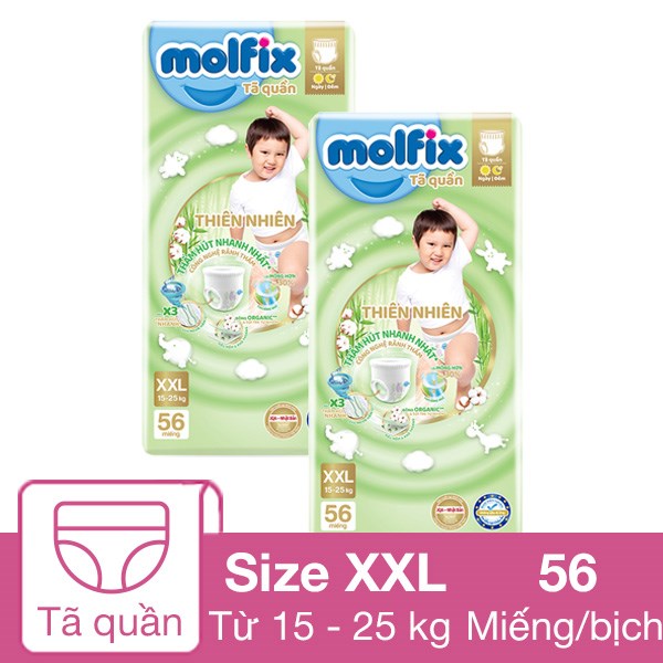 Combo 2 tã quần Molfix thiên nhiên size XXL 56 miếng/bịch (15 - 25 kg)