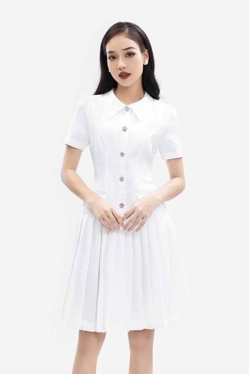 [🛒🇻🇳]Đầm trắng hạ eo xếp ly xòe phối nút – K&K Fashion , SKU – KK168-11 – kkfashion.vn 🇻🇳🛒Top1Shop🛒 🇻🇳Top1Vietnam🇻🇳 🛍🛒🇻🇳