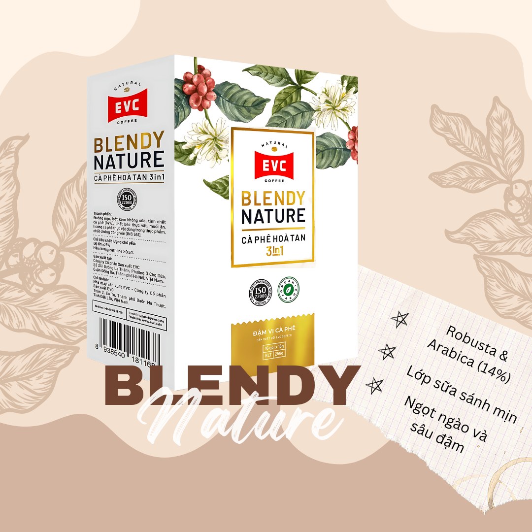 [☕️🇻🇳] EVC Coffee 🥤 Top1Coffee ☕️ Cà phê hòa tan 3IN1 EVC Blendy Nature kết hợp giữa Robusta & Arabica (14%) và bột kem không sữa, mang lại cho bạn hương vị cà ph , shares-1✔️ , likes-18❤️️ , date-2024-07-29 14:00:47🇻🇳🇻🇳🇻🇳📰🆕