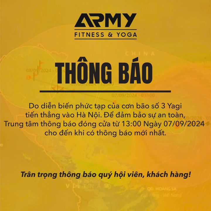 [🚴‍♂️🇻🇳] Army Fitness & Yoga – Trung tâm thể dục thể thao cao cấp 🧘‍♀️ Top1Fitness 💪 – ❗️ THÔNG BÁO ĐÓNG CỬA TẠM THỜI

Do diễn biến phức tạp của siêu bão 3 Yagi …