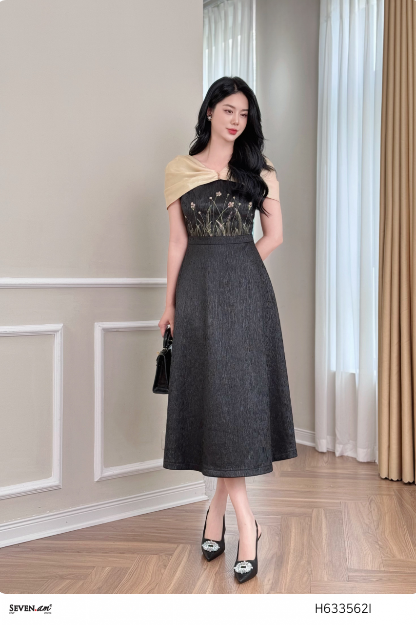 [🛒🇻🇳]Đầm midi đen phối be thêu đính trang trí thời trang nữ Seven.AM H633562I – Seven.AM , SKU – – sevenam.vn 🇻🇳🛒Top1Shop🛒 🇻🇳Top1Vietnam🇻🇳 🛍🛒🇻🇳