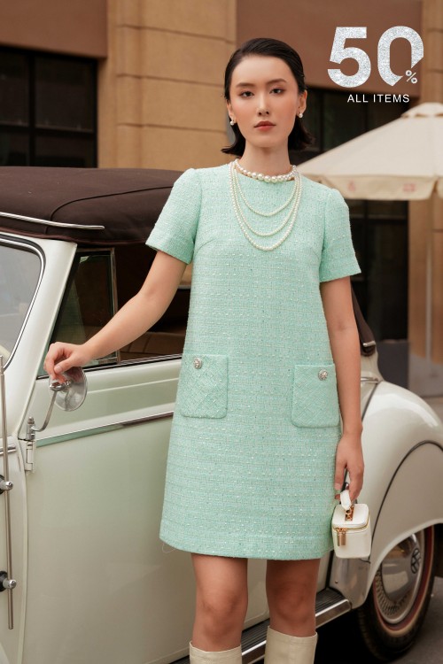 [🛒🇻🇳]Váy Đầm – Turquoise Tweed Loose Dress – , SKU – – sixdo.vn 🇻🇳🛒Top1Shop🛒 🇻🇳Top1Vietnam🇻🇳 🛍🛒🇻🇳