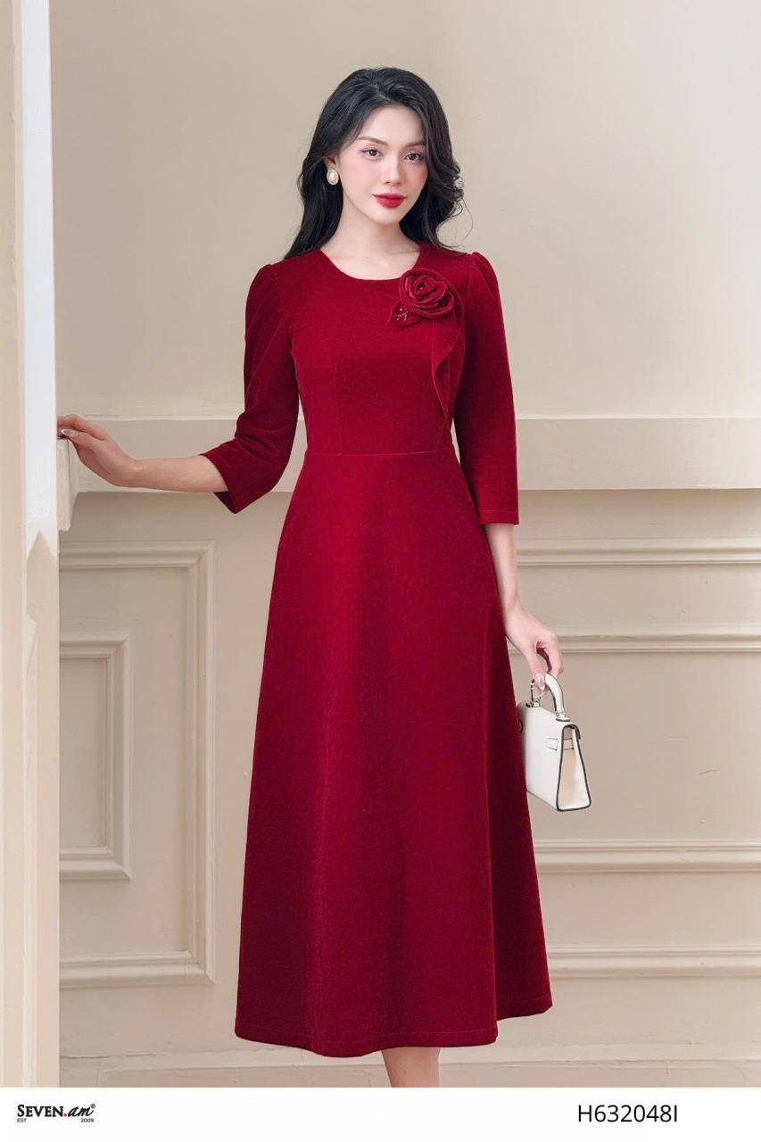 [🛒🇻🇳]Đầm midi xoè nhung đỏ ruby thời trang nữ Seven.AM H632048I – Seven.AM , SKU – – sevenam.vn 🇻🇳🛒Top1Shop🛒 🇻🇳Top1Vietnam🇻🇳 🛍🛒🇻🇳