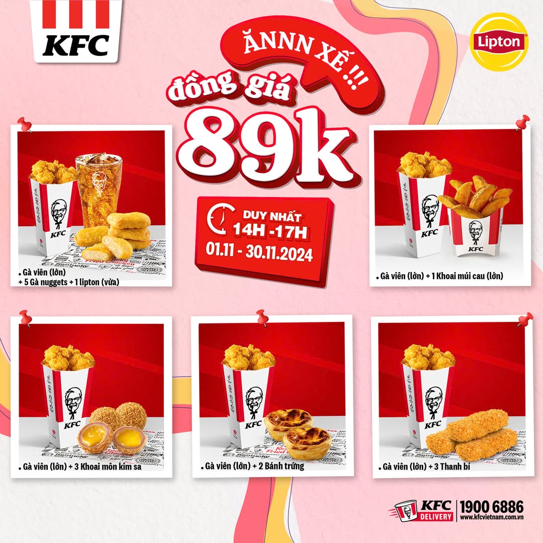 [🆕🇻🇳] KFC Vietnam 🍔 Top1Food 🍜  RINH DEAL 89K CÙNG ĐỒNG ĐỘI XƠI BỮA XẾ
Đồng giá 89K các combo bữa xế, rủ ngay đồng đội chia deal thêm hời:Combo Bữa xế đậm đà: 1 Gà Popcorn (Lớn) + 3 V , shares-23✔️ , likes-578❤️️ , date-2024-11-06 19:00:11🇻🇳🇻🇳🇻🇳📰🆕