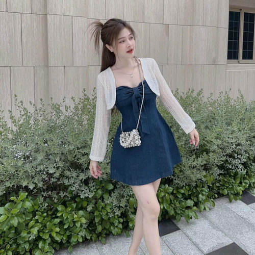 [🛒🇻🇳]Đầm nữ thời trang mặc đi chơi chất jeans hai dây xoắn ngực thắt nơ váy chữ A mix áo khoác ngắn len ren tay dài cao cấp – , SKU – 20992247164 – sendo.vn 🇻🇳🛒Top1Shop🛒 🇻🇳Top1Vietnam🇻🇳 🛍🛒🇻🇳