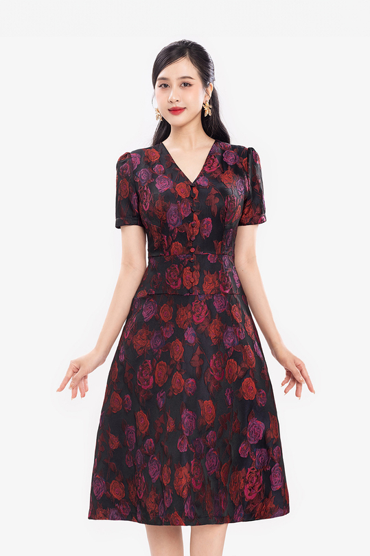 [🛒🇻🇳]Đầm xòe dự tiệc tafta đen hoa đỏ cổ V – K&K Fashion , SKU – KK172-09 – kkfashion.vn 🇻🇳🛒Top1Shop🛒 🇻🇳Top1Vietnam🇻🇳 🛍🛒🇻🇳