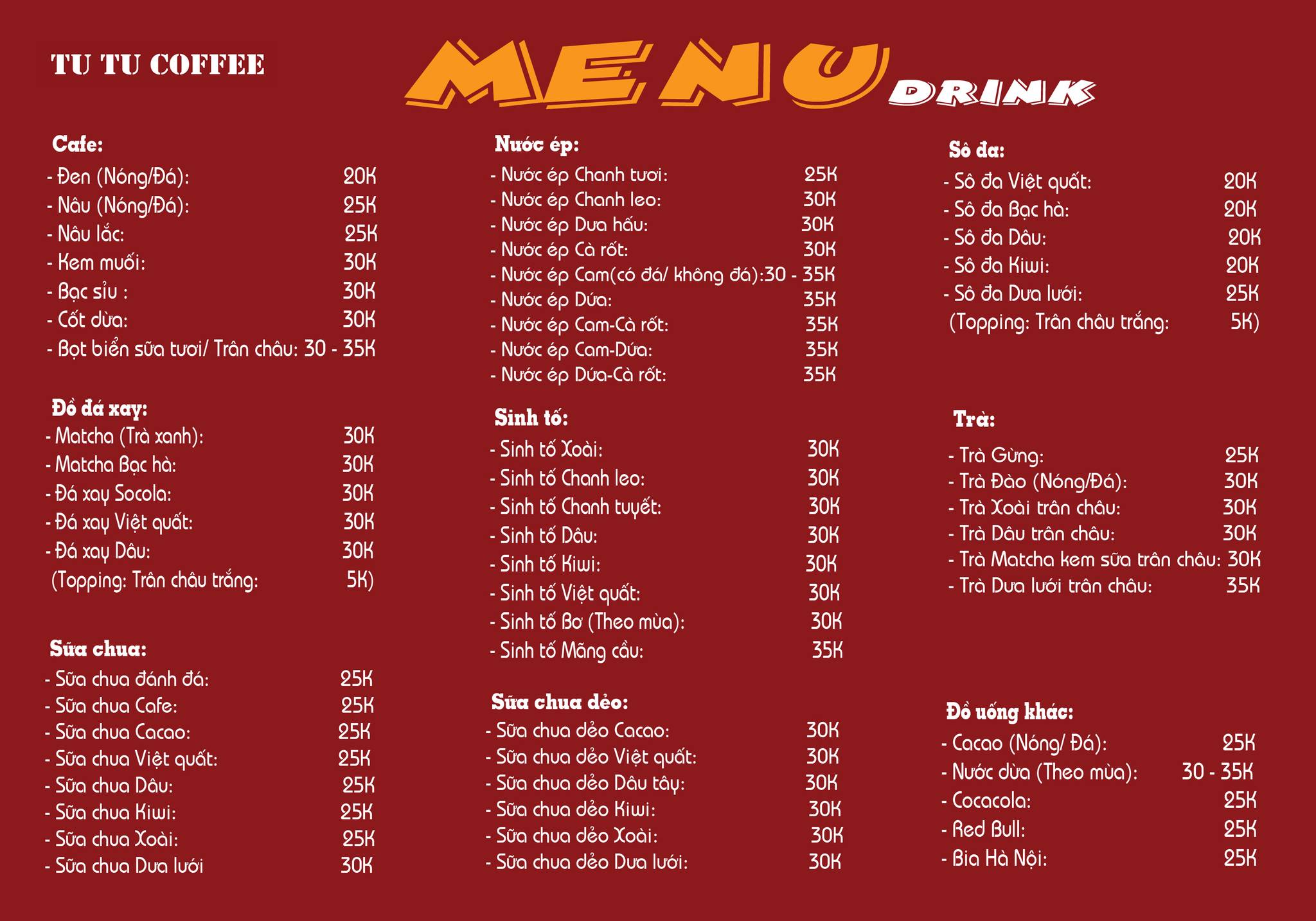 [☕️🇻🇳] TuTuCoffee Ninh Bình 🥤 Top1Coffee ☕️ Gửi đến khách hàng yêu quý của Tu Tu Coffee Menu mới nhất 2025. Rất hân hạnh được phục vụ khách hàng thân yêu.
, shares-0✔️ , likes-6❤️️ , date-2025-02-18 21:34:06🇻🇳🇻🇳🇻🇳📰🆕