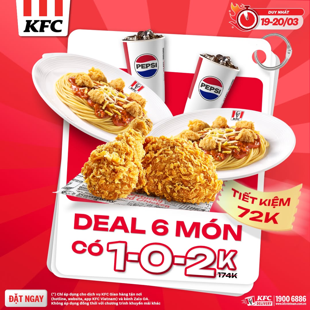 [🆕🇻🇳] KFC Vietnam 🍔 Top1Food 🍜  TUNG DEAL 6 MÓN CÓ 1-0-2KFC tặng bạn SIÊU DEAL 6 MÓN gồm 2 Miếng Gà + 2 Mì Ý Gà Viên + 2 Ly Pepsi (Vừa), giá gốc 174K, CHỈ CÒN 102K.Tag ngay đồng bọn , shares-160✔️ , likes-42K❤️️ , date-2025-03-19 17:00:13🇻🇳🇻🇳🇻🇳📰🆕