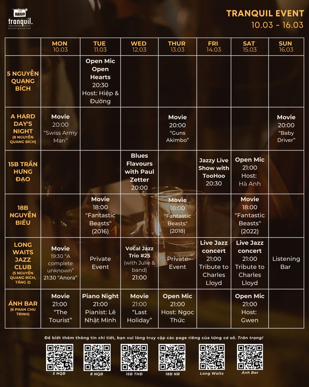 [☕️🇻🇳] Tranquil Books & Coffee –  cafe sách đẹp 🥤 Top1Coffee ☕️ 𝐖𝐄𝐄𝐊𝐋𝐘 𝐒𝐂𝐇𝐄𝐃𝐔𝐋𝐄: 10.03 – 16.03
Bạn thân mến, một tuần mới đến cùng rất nhiều sự kiện thú vị đang chờ đón bạn tại Tranquil. Chúng , shares-1✔️ , likes-5❤️️ , date-2025-03-10 21:51:09🇻🇳🇻🇳🇻🇳📰🆕