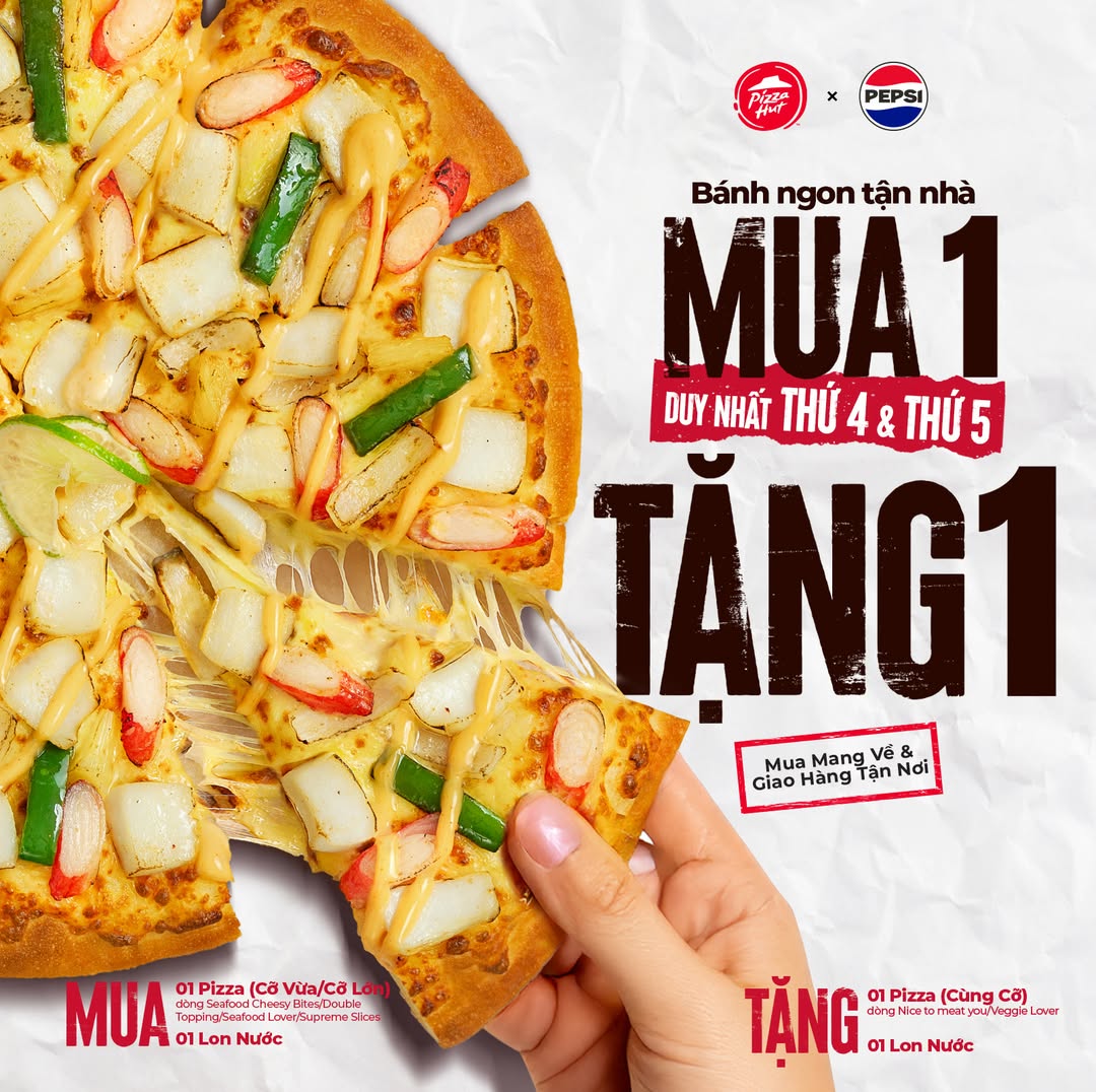 [🆕🇻🇳] Pizza Hut Việt Nam 🍔 Top1Food  🍜  Bánh Ngon Tận Nhà Với MUA 01 TẶNG 01Nhắm mắt chọn vị, kiểu gì cũng ngon, kiểu gì cũng hợp. Không chỉ một, nhưng tận 02 pizza khoái khẩu cùng ưu đãi MUA , shares-2✔️ , likes-13❤️️ , date-2025-03-12 03:00:04🇻🇳🇻🇳🇻🇳📰🆕