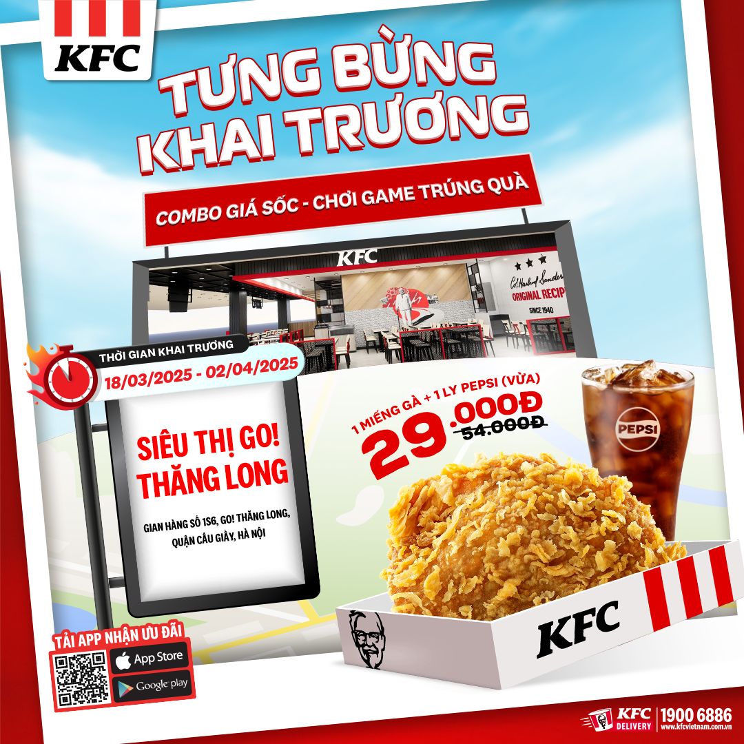 [🆕🇻🇳] KFC Vietnam 🍔 Top1Food 🍜  KFC GO! THĂNG LONG “MỞ TUNG CỬA” VÀO VIỆC – DEAL CỰC SỐC CHỈ 29K!Gà đã nóng mà tin này nóng đến giòn tannn!Từ 18/03/2025 – 02/04/2025, KFC chính thứ , shares-16✔️ , likes-154❤️️ , date-2025-03-17 16:56:49🇻🇳🇻🇳🇻🇳📰🆕