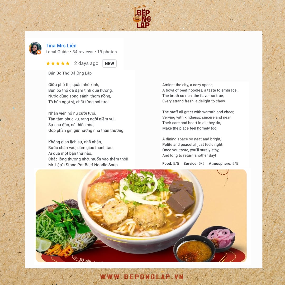 [🆕🇻🇳] Bếp Ông Lập – Hệ Thống Bún Bò Thố Đá 🍔 Top1Food  🍜 Một bài thơ quá sức dễ thương về Bún Bò Bếp Ông Lập của chị Tina Mrs Liên dành tặng ! 
Cả nhà thấy thế nào? Ai đã từng trải nghiệm hương vị và không gian t , shares-0✔️ , likes-12❤️️ , date-2025-03-13 01:50:33🇻🇳🇻🇳🇻🇳📰🆕