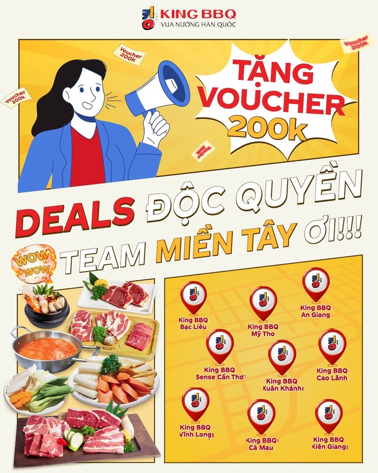 [🆕🇻🇳] King BBQ – Vietnam – Vua Nướng Hàn Quốc 🍔 Top1Food 🍜 [Miền Nam]  MIỀN TÂY CÓ GÌ HOT? CÓ VOUCHER 200K ĐỘC QUYỀN TỪ KING!Đánh bay cơn nắng gắt, King BBQ gửi tới homies deals mát rượi cùng bàn tiệc nướng ngập  , shares-0✔️ , likes-3❤️️ , date-2025-03-21 21:01:30🇻🇳🇻🇳🇻🇳📰🆕