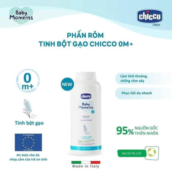 [🆕🇻🇳] Shop TOM BABY  Chuyên Bỉm,Thời trang cho bé,các loại Bánh kẹo, Kem, Thực phâm dinh dưỡng 🧑‍🧒❤️️👶⭐️ PHẤN RÔM TINH BỘT GẠO CHICCO
Hỗ trợ điều trị da bị tổn thương do rôm sảy, hăm tã với các thành phần dưỡng chất:
Kẽm Oxyd giúp ngăn sự mất dịch của mô, có , shares-1✔️ , likes-0❤️️ , date-2025-03-30 20:00:02🇻🇳🇻🇳🇻🇳📰🆕