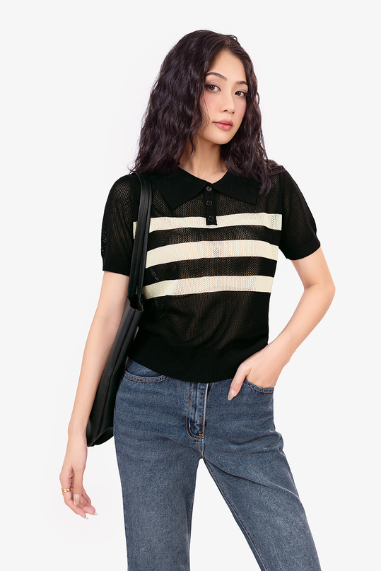 [🛒🇻🇳]Áo polo dệt kim nữ màu đen sọc kem – K&K Fashion , SKU – ASM25-17 – kkfashion.vn 🇻🇳🛒Top1Shop🛒 🇻🇳Top1Vietnam🇻🇳 🛍🛒🇻🇳