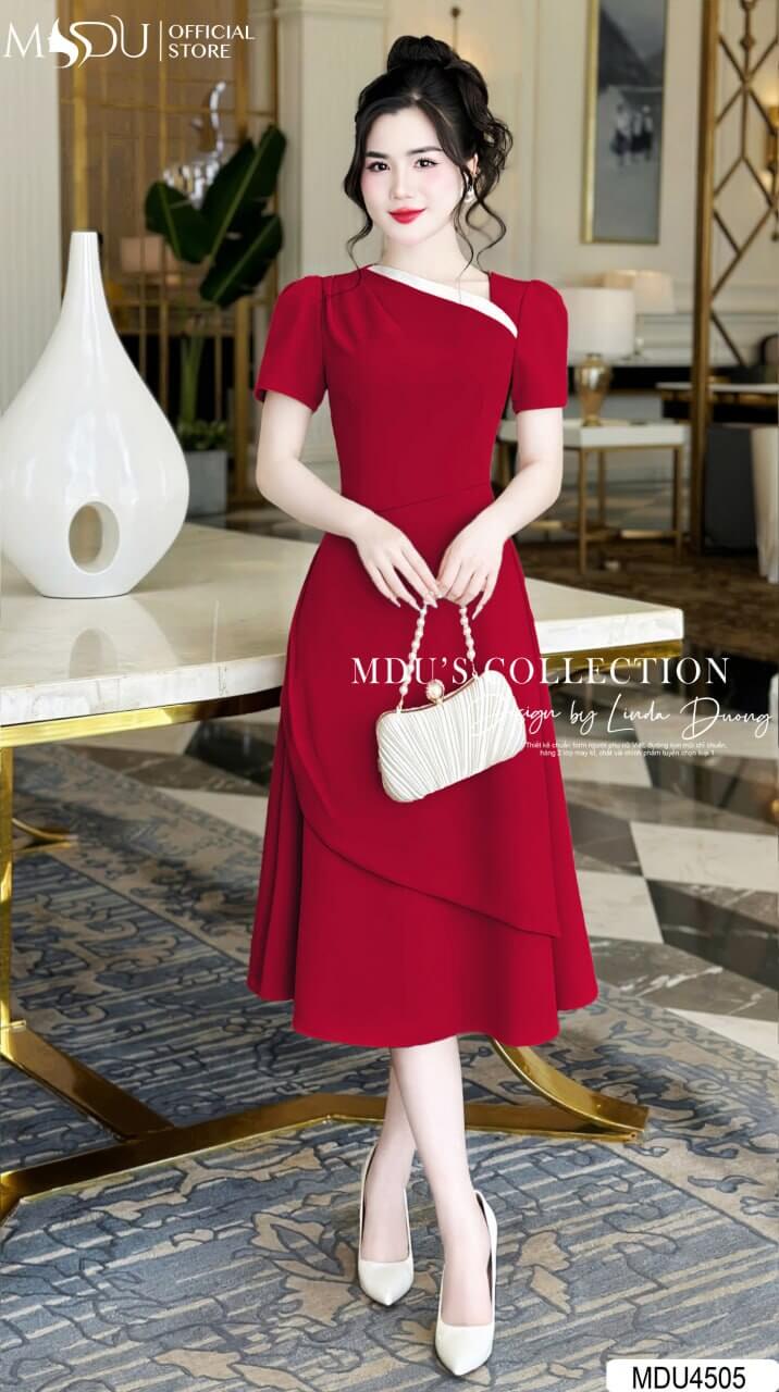 [🛒🇻🇳]Váy Thiết Kế MDU4505 Màu Đỏ Cổ Chéo Cùng Nhấn Eo Tinh Tế - , SKU - - mdufashion.com 🇻🇳🛒Top1Shop🛒 🇻🇳Top1Vietnam🇻🇳 🛍🛒🇻🇳