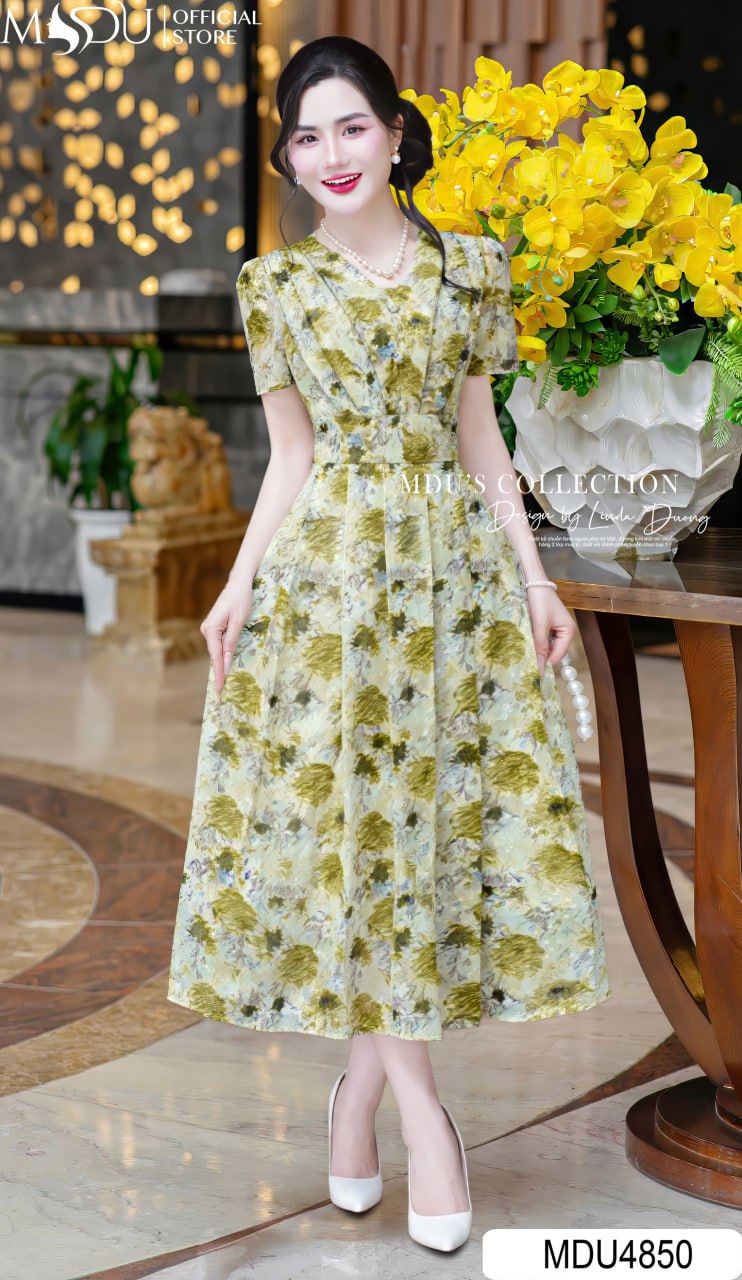 [🛒🇻🇳]Váy Thiết Kế MDU4850 Dáng Xòe Cổ V Tơ Ép Hoa Văn Thiên Nhiên - , SKU - - mdufashion.com 🇻🇳🛒Top1Shop🛒 🇻🇳Top1Vietnam🇻🇳 🛍🛒🇻🇳