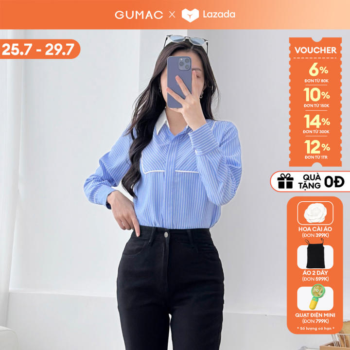 [🛒🇻🇳][25-29.7 |Voucher 10-12%] Áo sơ mi nữ tay dài sọc xanh phối viền trắng công sở thanh lịch kate mềm thời trang GUMAC LAF0531 – Gumac , SKU – 3107066664_VNAMZ-14878046632 – lazada.vn 🇻🇳🛒Top1Shop🛒 🇻🇳Top1Vietnam🇻🇳 🛍🛒🇻🇳