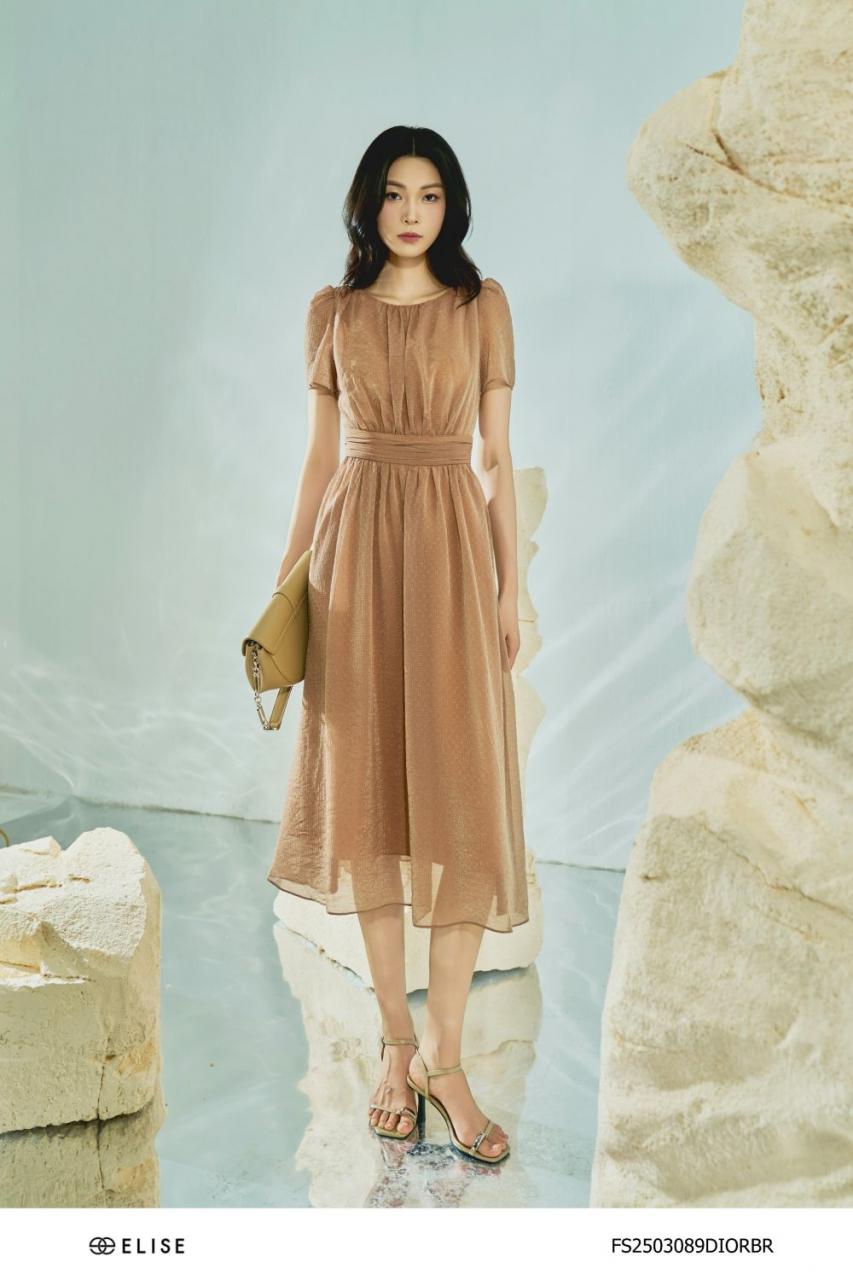 [🛒🇻🇳]ĐẦM TƠ NÂU SỢI KIM TUYẾN XẾP NHÚN EO - , SKU - FS2503089DIORBR - elise.vn 🇻🇳🛒Top1Shop🛒 🇻🇳Top1Vietnam🇻🇳 🛍🛒🇻🇳