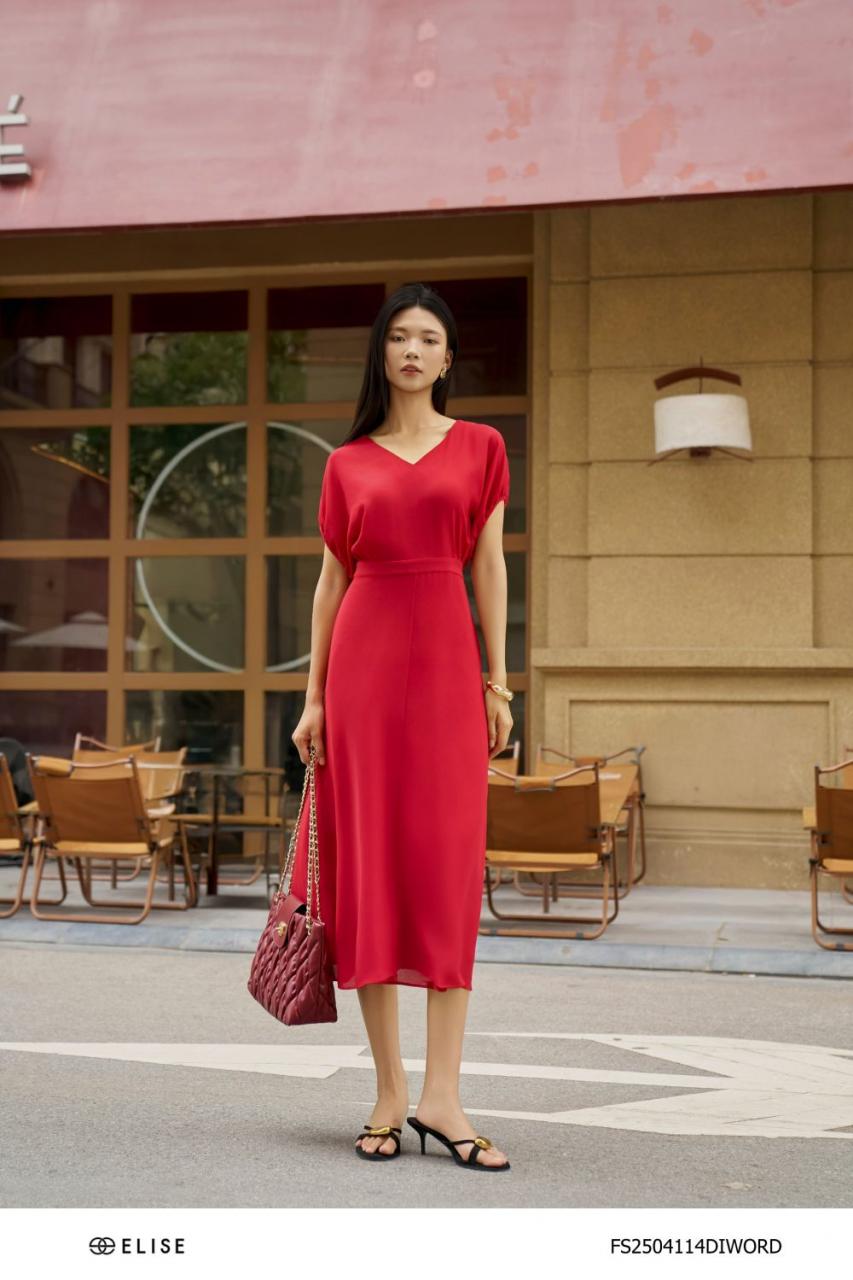 [🛒🇻🇳]ĐẦM SẠN ĐỎ ĐẬM CỔ V TAY DƠI – , SKU – FS2504114DIWORD – elise.vn 🇻🇳🛒Top1Shop🛒 🇻🇳Top1Vietnam🇻🇳 🛍🛒🇻🇳