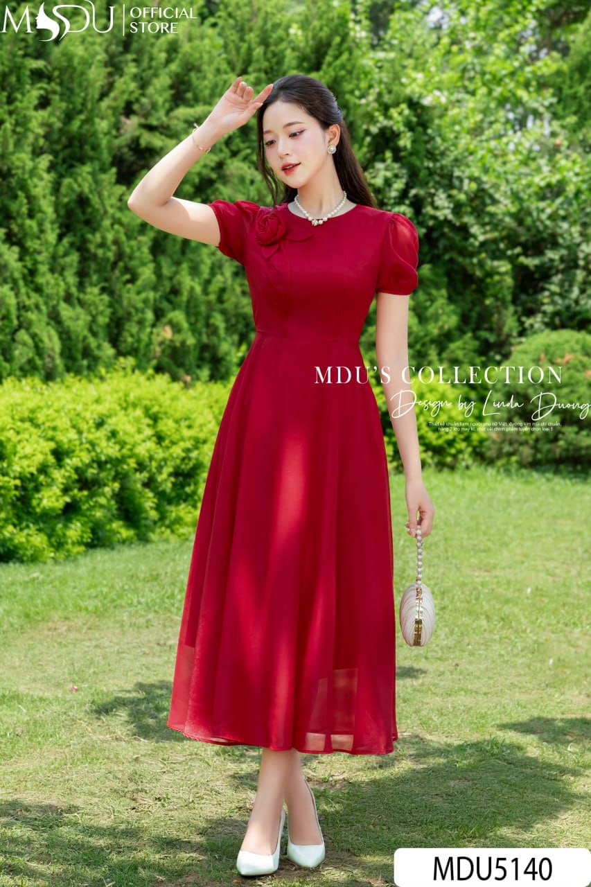[🛒🇻🇳]Váy Thiết Kế MDU5140 Đỏ Ruby Dáng Xòe Hoa 3D Vai Tay Bồng - , SKU - - mdufashion.com 🇻🇳🛒Top1Shop🛒 🇻🇳Top1Vietnam🇻🇳 🛍🛒🇻🇳