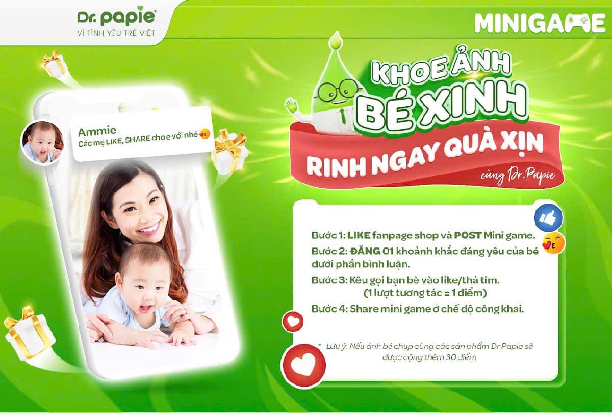 [🆕🇻🇳] BABY CARE – SHOP MẸ VÀ BÉ BABY CARE 🧑‍🧒❤️️👶⭐️  MINI GAME CỰC HOT TỪ DR PAPIE VÀ SHOP [TÊN SHOP] – KHOE ẢNH BÉ XINH – RINH NGAY QUÀ XỊN TỪ DR PAPIECác mẹ ơi! Dr Papie cùng [Tên shop] mang đến một mi , shares-5✔️ , likes-6❤️️ , date-2025-03-07 16:59:47🇻🇳🇻🇳🇻🇳📰🆕