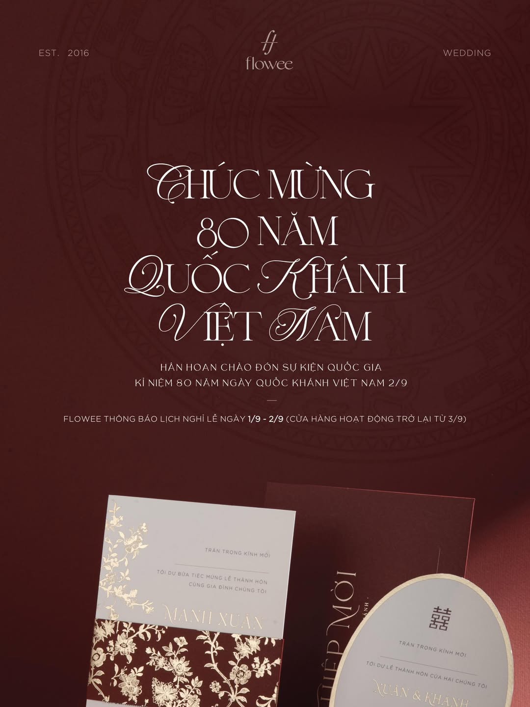 [🆕🇻🇳] Thiệp cưới Flowee – ước mơ về những tấm thiệp nhỏ xinh, tinh tế, được chăm chút từng chi tiết 🎨 Top1Designs ✨  Hân hoan chào đón sự kiện Quốc gia 
Kỉ niệm 80 năm ngày Quốc Khánh Việt Nam 2/9 

Flowee xin thông báo lịch nghỉ lễ Quốc Khánh từ thứ 2 – 1/9/2025 đến hết  , shares-0✔️ , likes-3❤️️ , date-2025-09-01 02:00:00🇻🇳🇻🇳🇻🇳📰🆕
