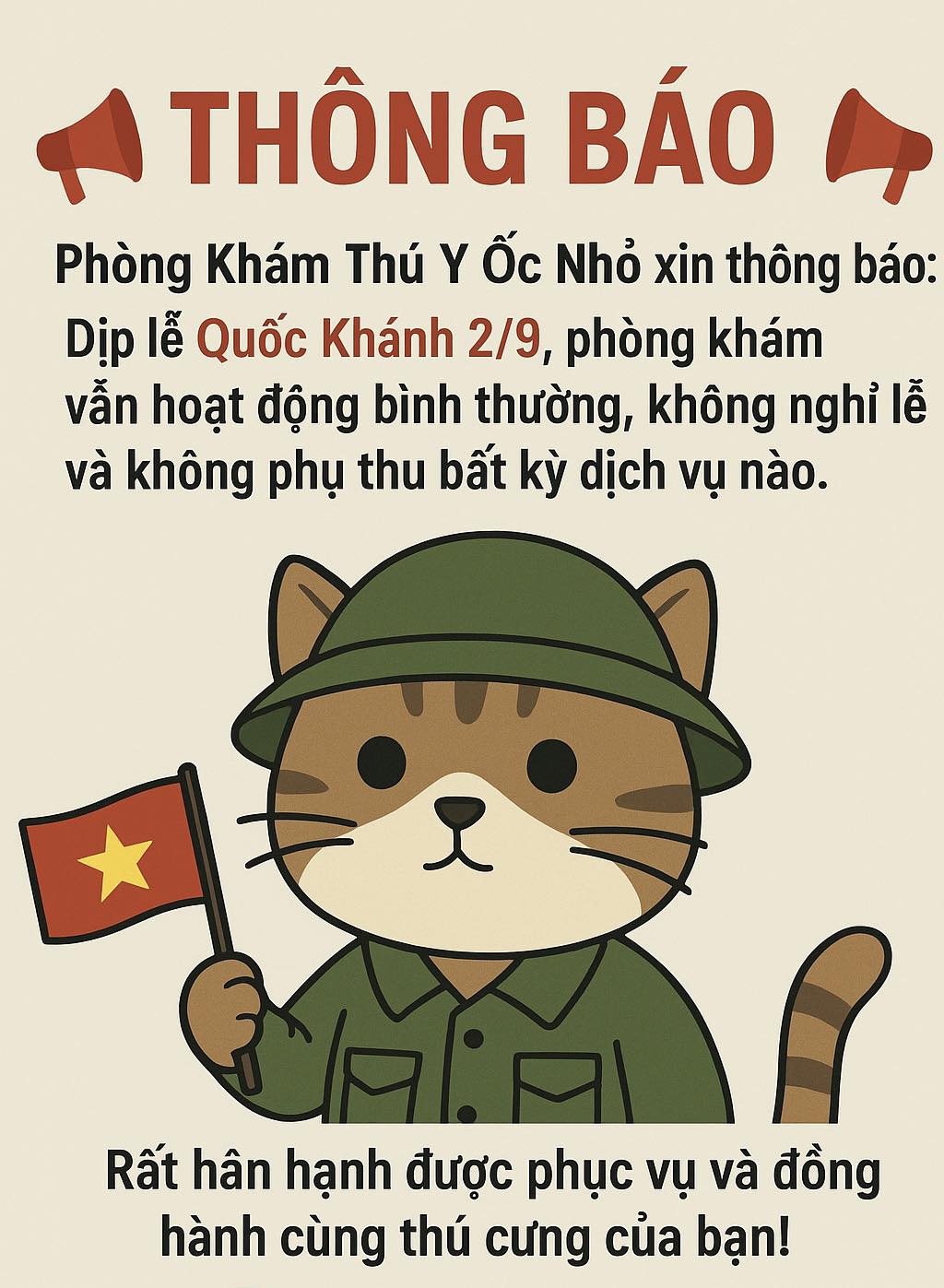 [🆕🇻🇳] Thú Y Ốc Nhỏ – 384 Nguyễn Chí Thanh. Quận 10 🐶🦜 Top1Pets 🐱🐠  THÔNG BÁOPhòng Khám Thú Y Ốc Nhỏ xin thông báo:
Dịp lễ Quốc Khánh 2/9, phòng khám vẫn hoạt động bình thường, không nghỉ lễ và không phụ thu bất kỳ dịc , shares-0✔️ , likes-2❤️️ , date-2025-09-01 17:37:50🐶🐱🇻🇳🇻🇳🇻🇳📰🆕