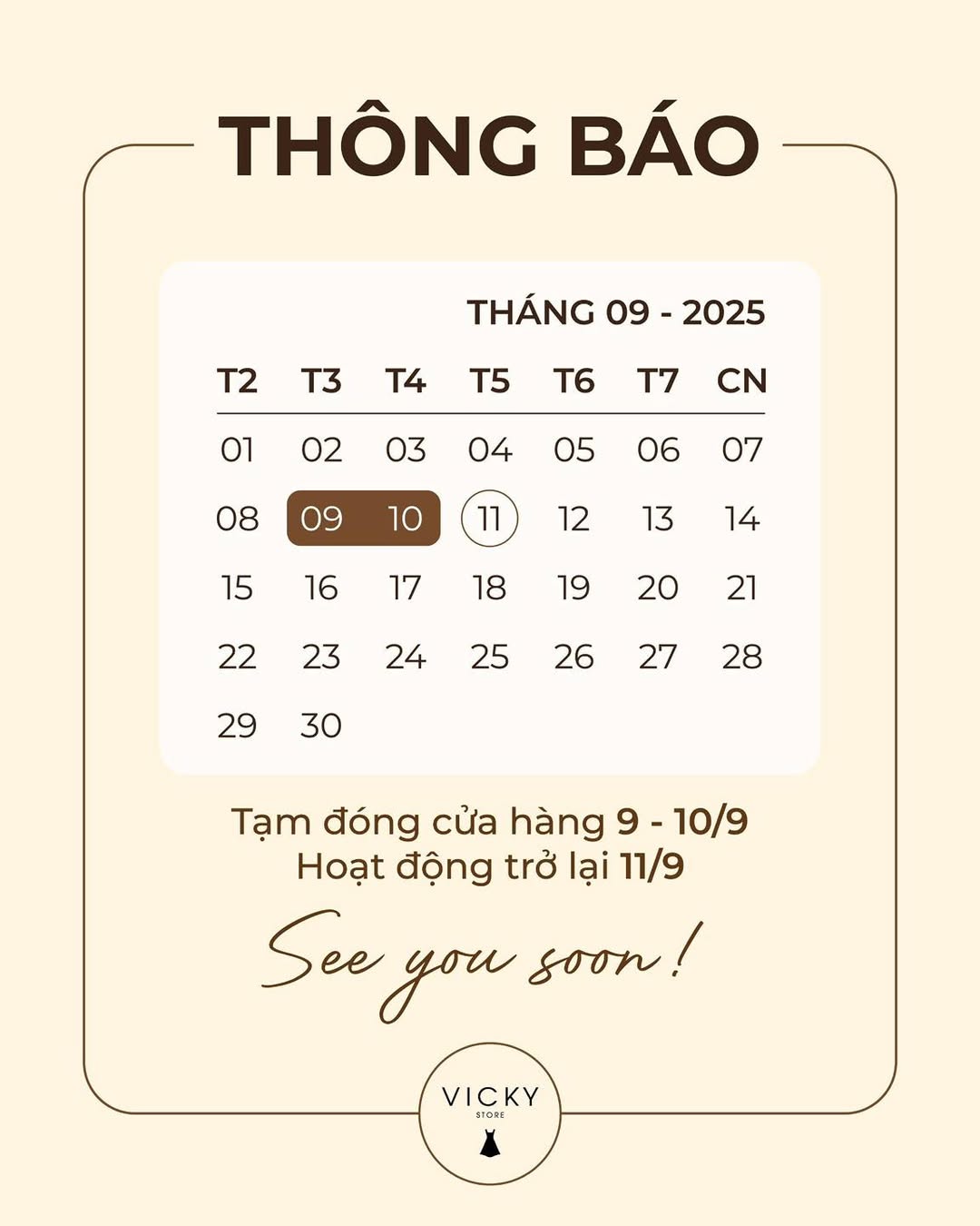 [🆕🇻🇳] VICKY’s STORE 👕 Top1Fashion 👗   𝐓𝐇𝐎̂𝐍𝐆 𝐁𝐀́𝐎VICKY’s Store sẽ tạm nghỉ 2 ngày (9 – 10/9) do công việc nội bộ.
Cửa hàng sẽ mở lại vào 11/9, hẹn gặp nàng với thật nhiều thiết kế mới và nă , shares-0✔️ , likes-0❤️️ , date-2025-09-09 23:01:41🇻🇳🇻🇳🇻🇳📰🆕