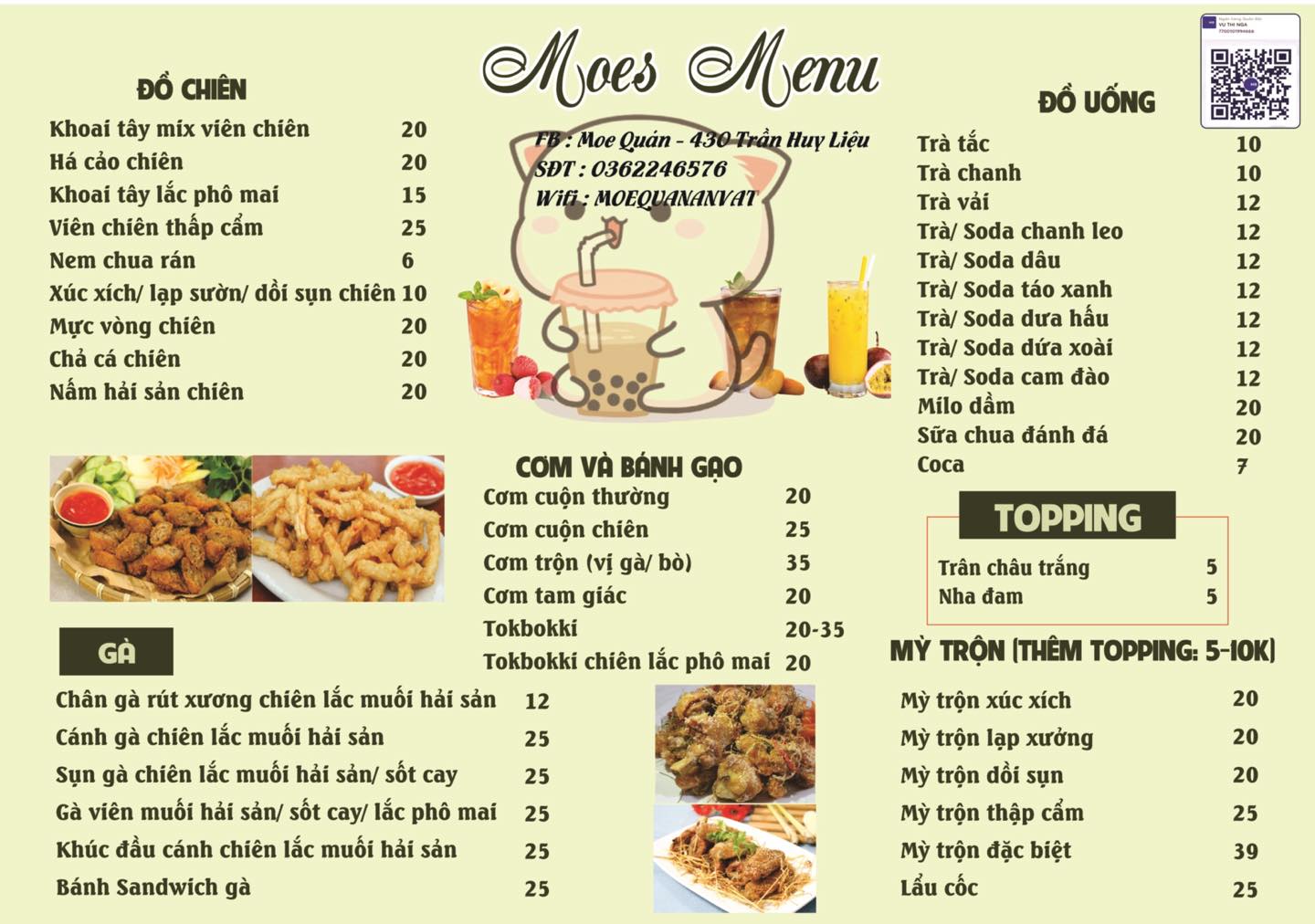 [🆕🇻🇳] Moe Quán – 430 Trần Huy Liệu – Nhà hàng thức ăn nhanh 🍔 Top1Food  🍜 Mời đoàn mình di chuyển đến MOE dùm elm ah 

– Thời gian mở cửa nhà MOE: từ  10h00 – 20h40 tất cả các ngày trong tuần
– Thời gian nhận ship nhà MOE: từ 10h , shares-2✔️ , likes-52❤️️ , date-2025-07-31 23:36:58🇻🇳🇻🇳🇻🇳📰🆕