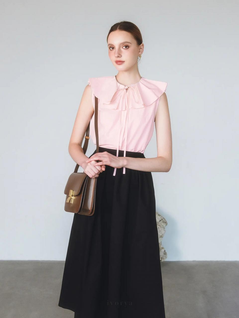 [🛒🇻🇳]Áo sơ mi màu hồng cổ tròn có bèo cổ xếp ly và không tay – SH9963 – ivorya , SKU – SH9963S – ivorya.vn 🇻🇳🛒Top1Shop🛒 🇻🇳Top1Vietnam🇻🇳 🛍🛒🇻🇳