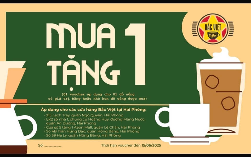 [☕️🇻🇳] Bắc Việt Coffee 🥤 Top1Coffee ☕️  ƯU ĐÃI ĐẶC BIỆT TẠI BẮC VIỆT TAM BẠC. 
Từ 22/5 Mỗi hoá đơn thanh toán từ 50k tại Bắc Việt Tam Bạc sẽ nhận được 01 VOUCHER MUA 1 , shares-2✔️ , likes-58❤️️ , date-2025-05-22 04:17:10🇻🇳🇻🇳🇻🇳📰🆕